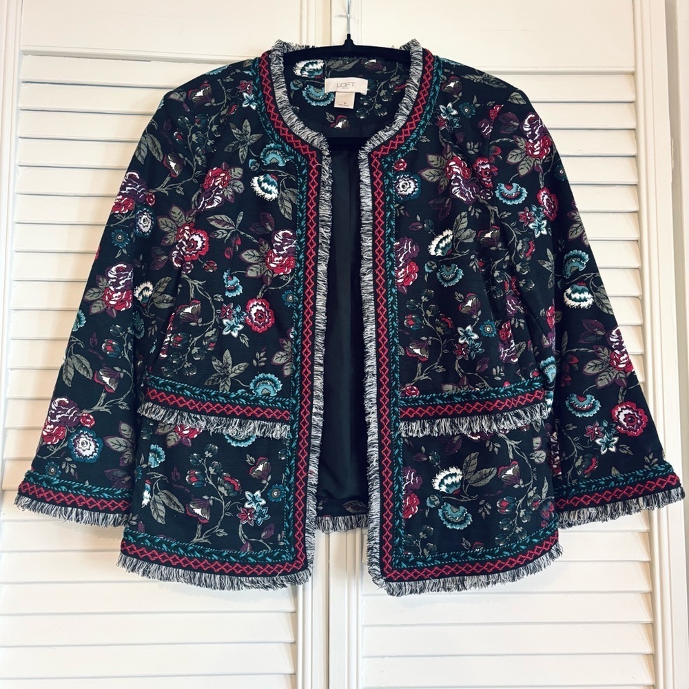 Loft Floral Embroidered Blazer Jacket Black Blue Red Size 0
